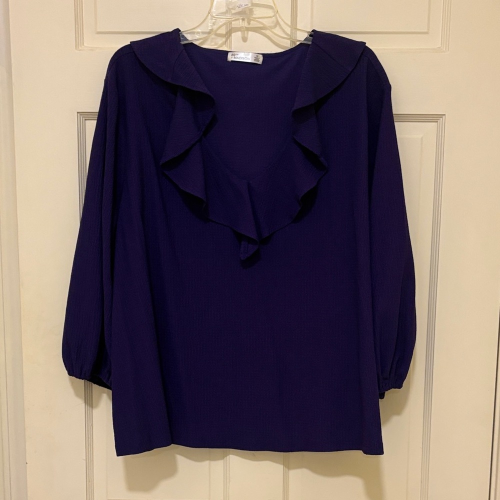 89th & Madison Deep Purple Blouse with Ruffle Neckline